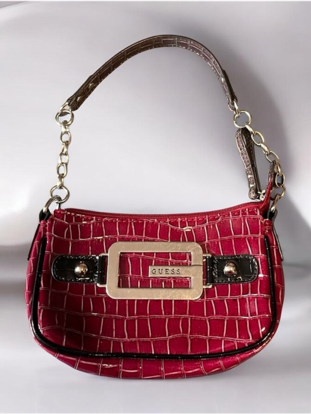 Vintage Y2K GUESS Patent Mini Shoulder Bag in Burgundy with Black Trim